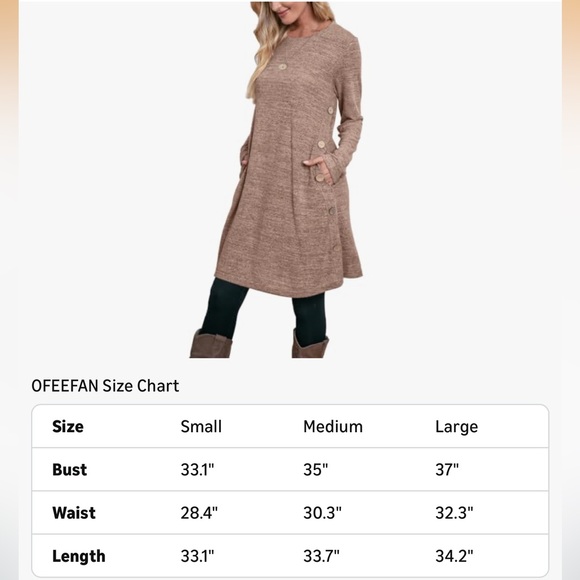 OFEEFAN Winter Dress for Women Long Sleeve Dress Buttons Side Khaki - Picture 5 of 9